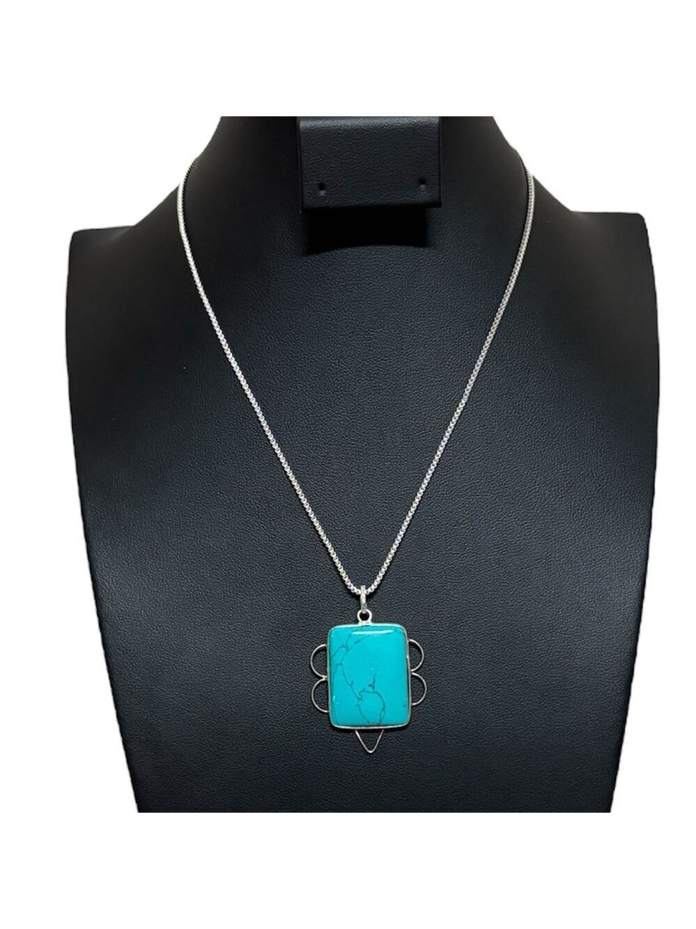 Turquoise necklace with silver geometric accents on silver chain gently used EUC